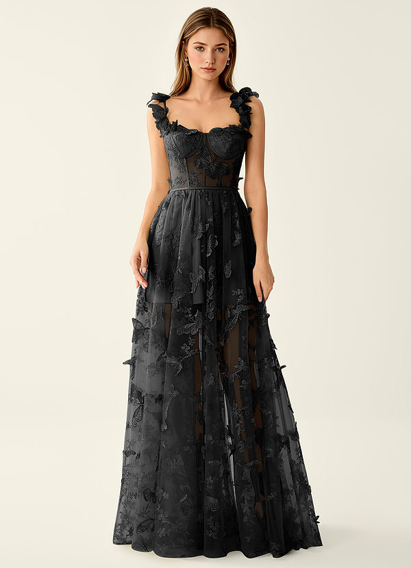 Alextory Black 3D Flower Lace Tulle Prom Dress image1