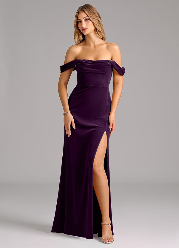 Azazie Saige Bruidsmeisjes Jurken Converteerbaar Jurk van flueel met Kolom Off the Shoulder Druif image1