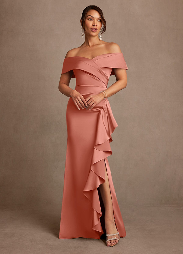 Azazie Kirsty Mother of the Brides Dresses Salmon Pink Sheath Off the Shoulder Stretch Satin Dress image1