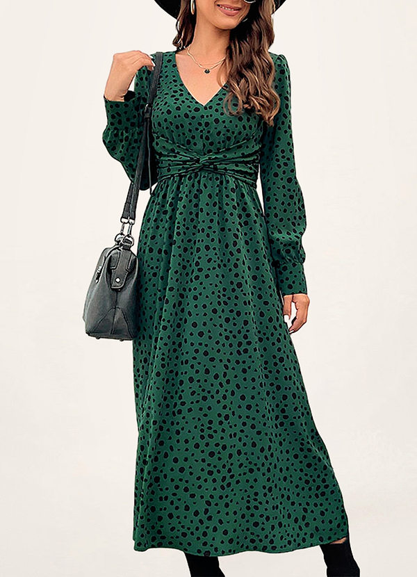 front Covington Dark Emerald Dot Print Long Sleeve Midi Dress