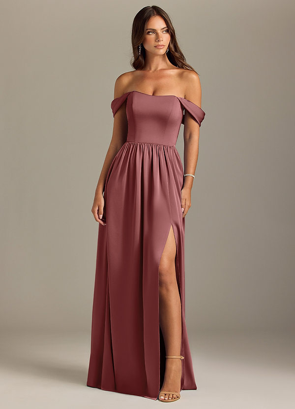 Azazie Calianna Bridesmaid Dresses Amethyst A-Line Off the Shoulder Stretch Satin Convertible Dress image1