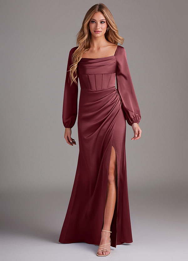 Azazie Charissa Bridesmaid Dresses Merlot Sheath Long Sleeve Stretch Satin Dress image1