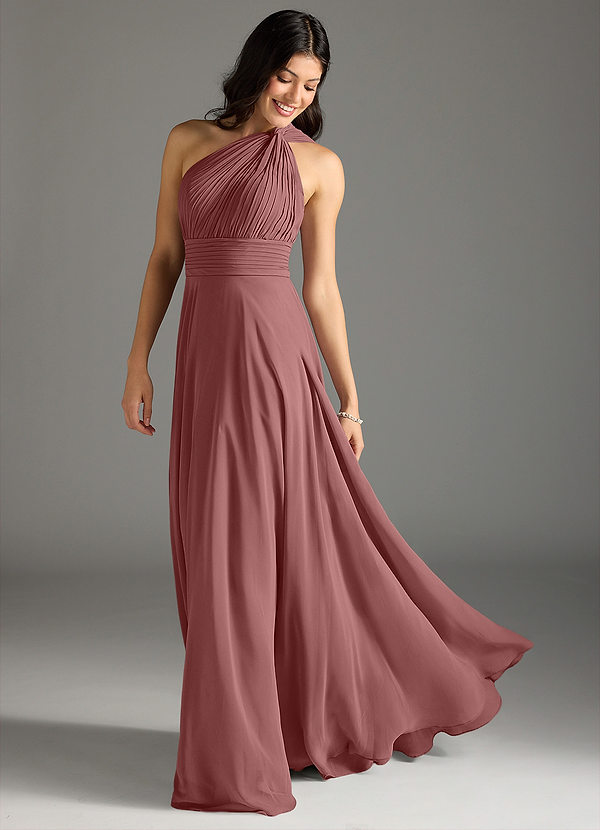Azazie Charlize Robes Demoiselle d'honneur Robe Trapèze en Mousseline de soie Ue épaule Rose Du Désert image1