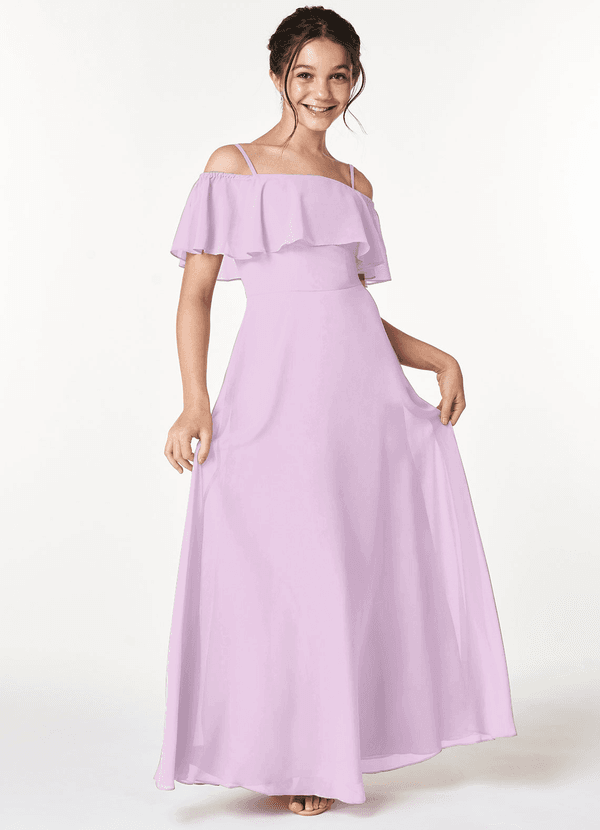 Azazie Maggie Junior Frosted Lilac A-Line Off the Shoulder Chiffon Dress image1