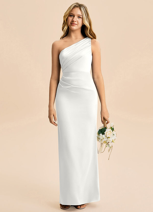 Azazie Akilah Junior Jurk van Stretch Satijn met Kolom Geplooid Wit image1