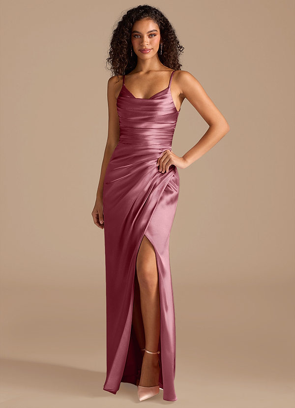 Azazie Deandra Bridesmaid Dresses Desert Rose Mermaid Pleated Metallic Satin Dress image1