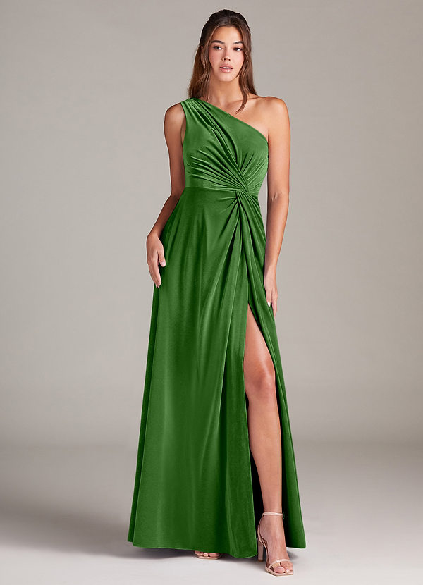 Azazie Brooke Brautjungfernkleider A-Linie One-Shoulder Samt Kleid Efeu image1