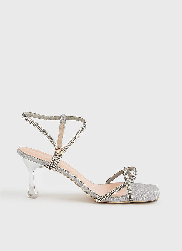 front Glitter and Metallic Ankle Strap Kitten Heels