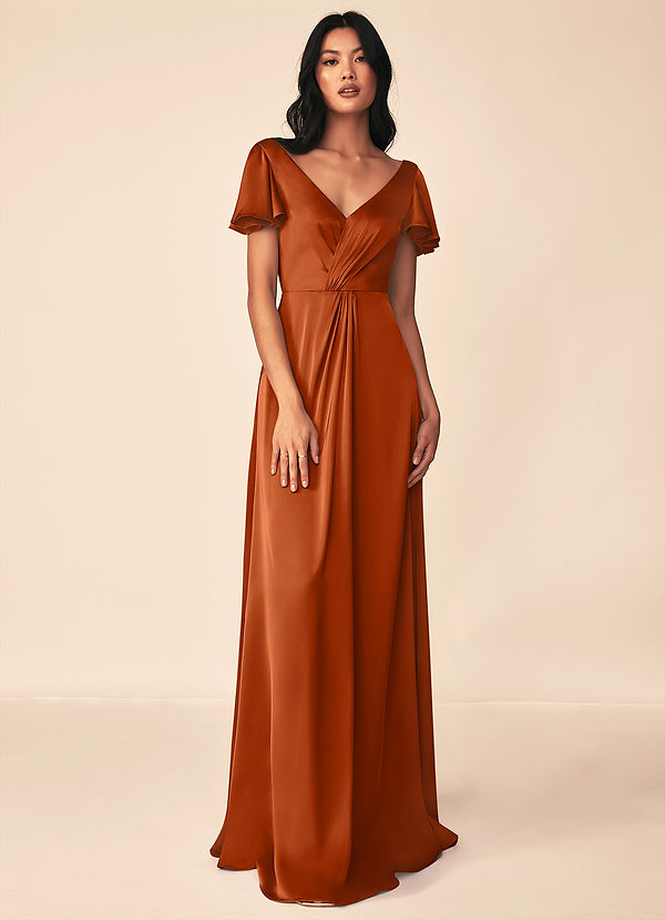 Azazie Soren Bridesmaid Dresses Burnt Orange A-Line Pleated Stretch Satin Dress image1
