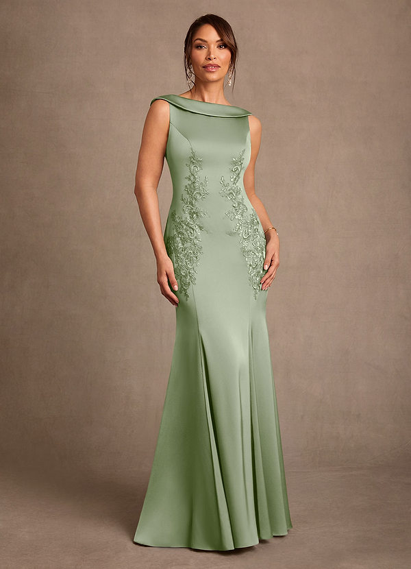 Azazie Franny Mother of the Bride Dresses Vestido Dusty Sage de Cetim elástico de Bainha com Renda image1