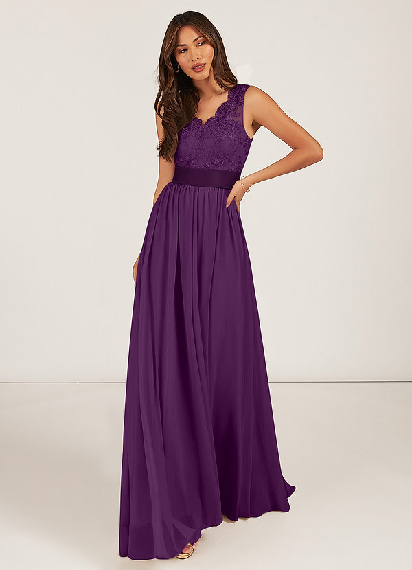 Azazie Gertrude Bridesmaid Dresses Grape A-Line Lace Chiffon Dress image1