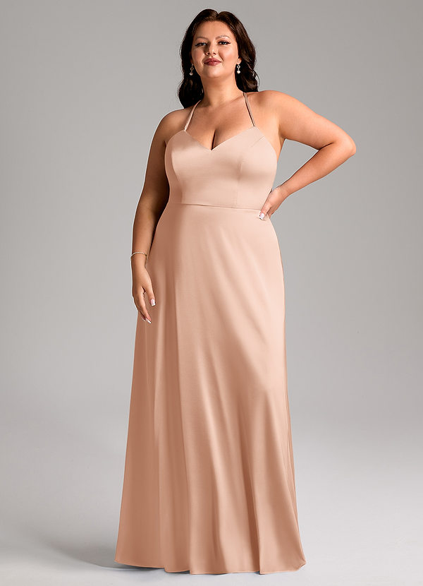 Azazie Mei Abiti da Damigella Abito A-Line in Raso Elasticizzato con Scollo a V Oro Rosa image1