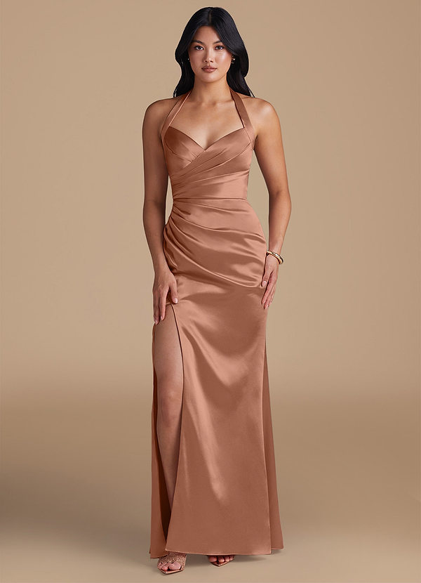 Azazie Emeria Bridesmaid Dresses Bronzer Sheath Side Slit Metallic Satin Dress image1