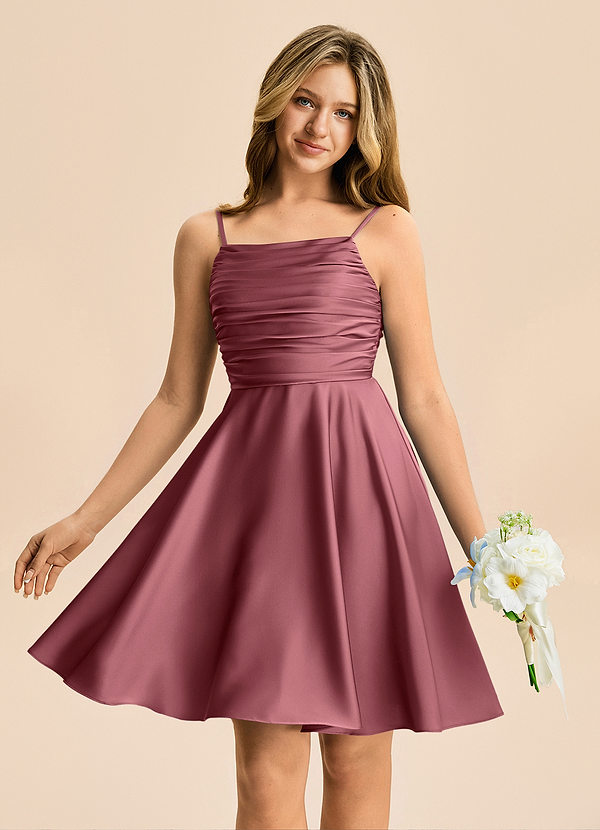 Azazie Miko Junior Vestido de Rosa Del Desierto de Satén Elástico de Corte en A con Plisado image1