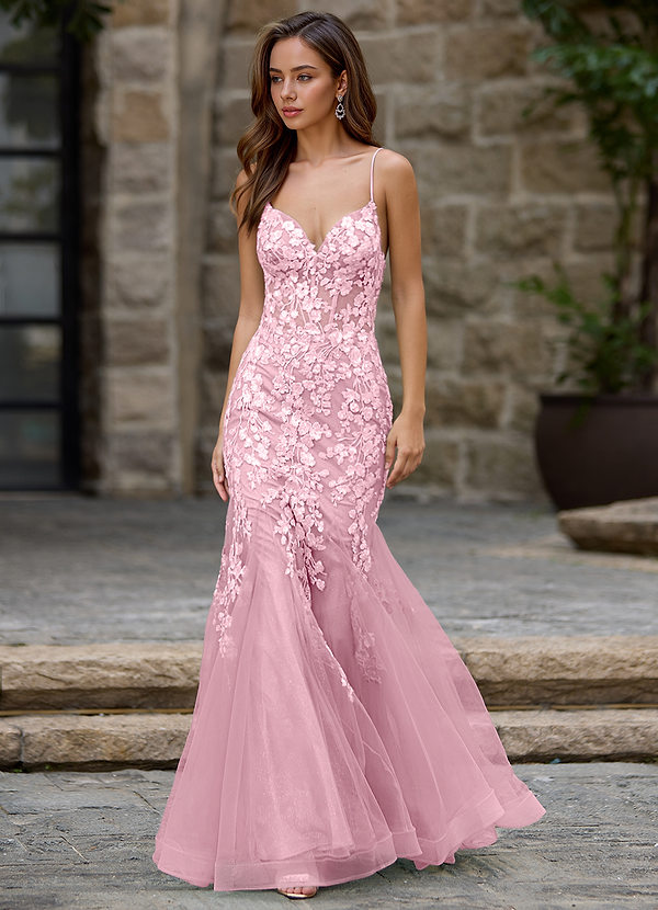 Dentelle Rosa Abito da ballo a sirena/tromba con scollo a V, in tulle, con strascico e paillettes applicate e glitter image1