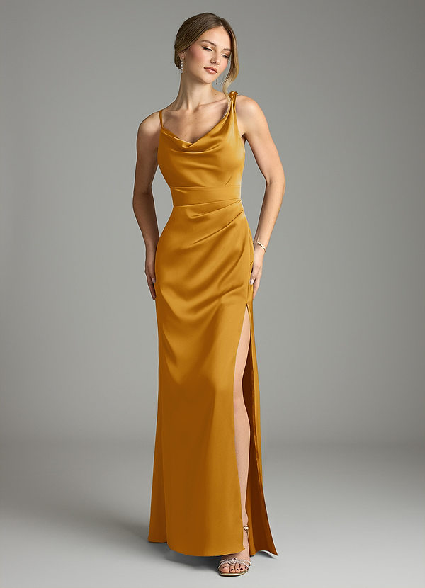 Azazie Samara Robes Demoiselle d'honneur Robe Sirène en Satin extensible Plissée Caramel écossais image1