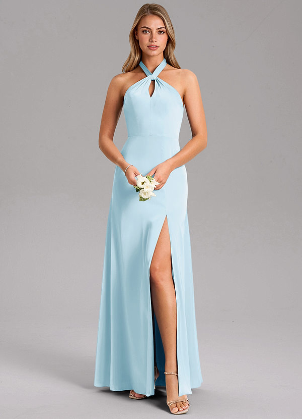 Azazie Tracie Bridesmaid Dresses Sky Blue A-Line Side Slit Stretch Satin Dress image1