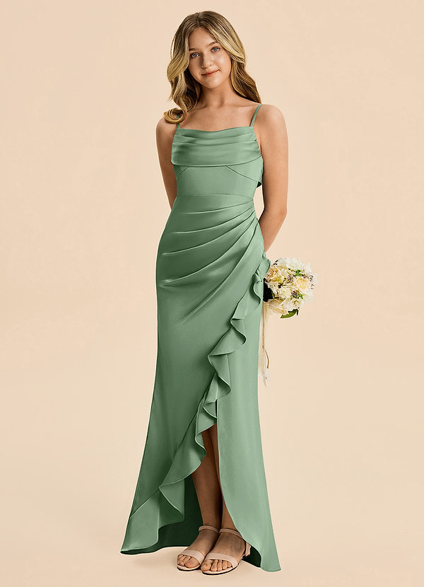 Azazie Mia Junior Robe Sirène en Satin extensible Plissé Matcha image1
