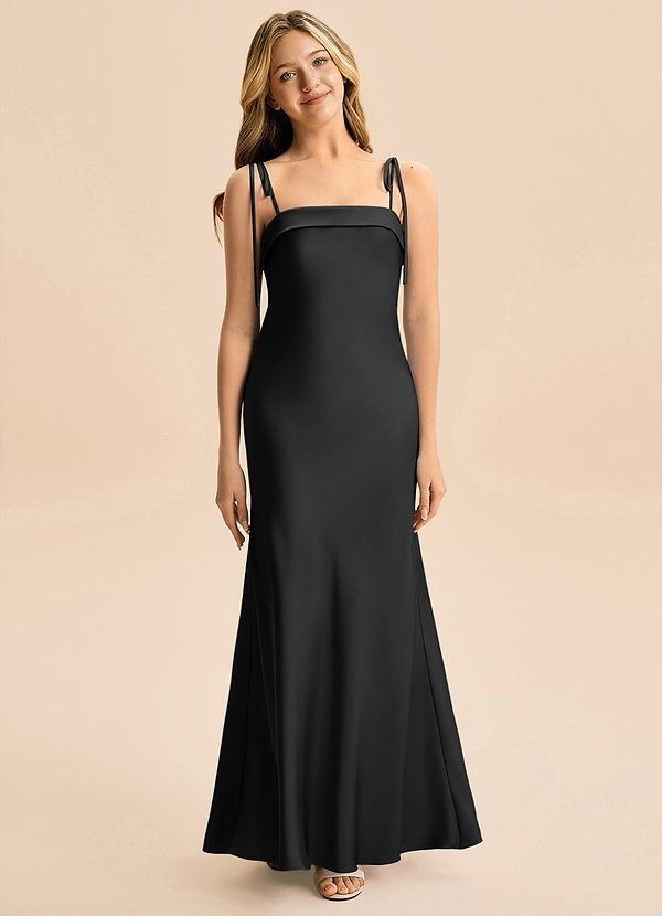 Azazie Willa Junior Black A-Line Bow Stretch Satin Dress image1
