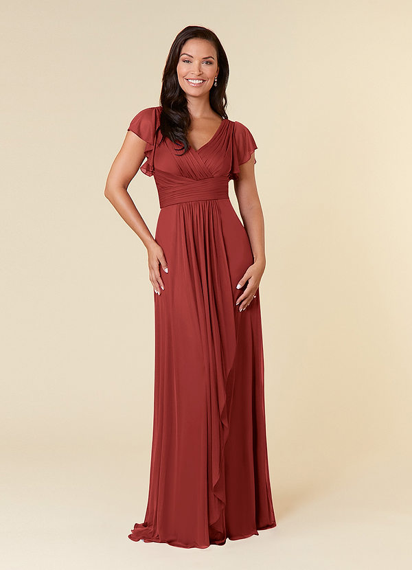 Azazie Reneya Mother of the Brides Dresses Rust A-Line Pleated Mesh Dress image1