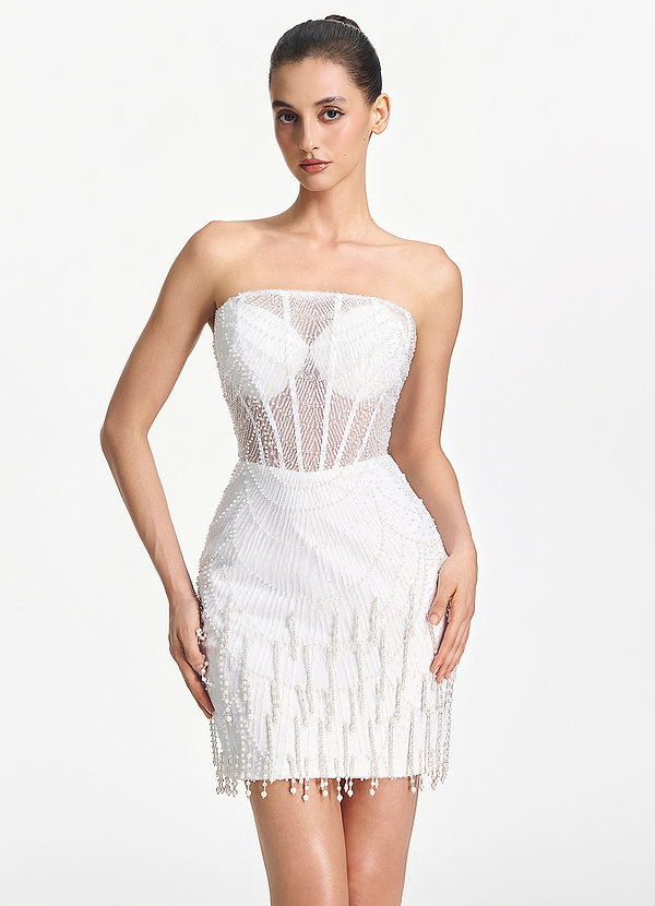 Malvina Alb Rochie mini fără bretele cu corset din plasă și franjuri cu perle image1