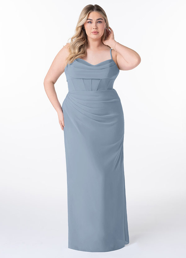 Azazie Mai Bridesmaid Dresses Dusty Blue Sheath Pleated Chiffon Dress image1