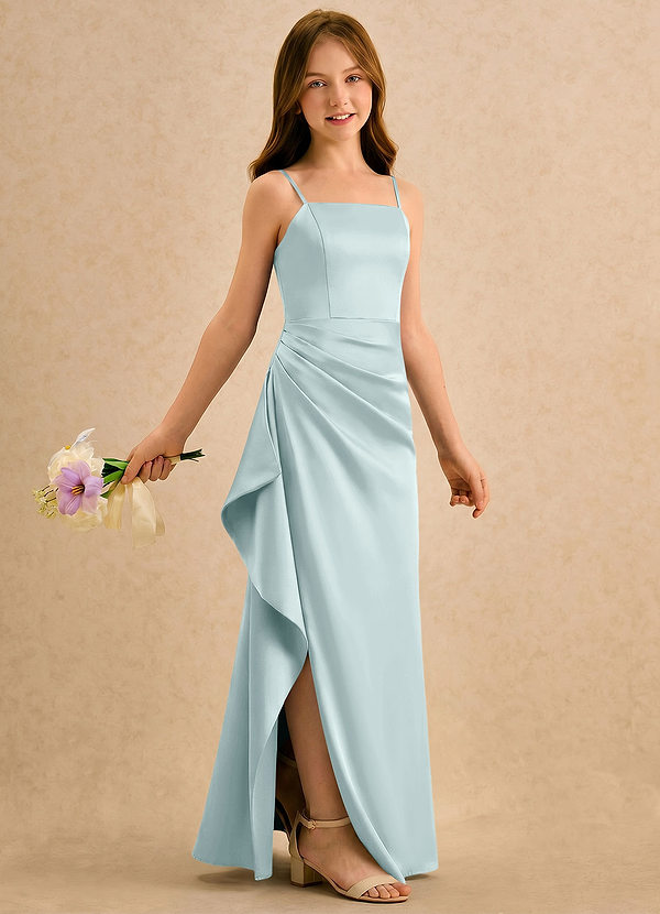 Azazie Cannoli Girls Formal Sukienki dla Dziewczynki Sypiącej Kwiaty Linia A Pofałdowany Satyna elastyczna Długość podłogi Sukienka image1