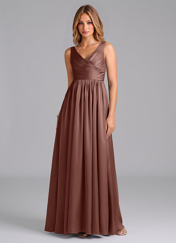 Azazie Keyla Bridesmaid Dresses Espresso A-Line Pleated Stretch Satin Dress image1