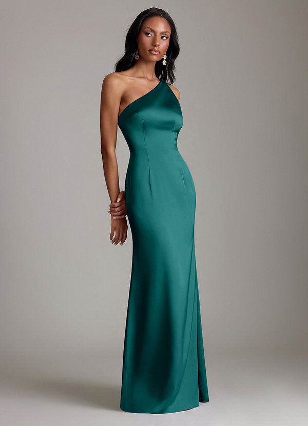Azazie Voni Abiti da Damigella Abito Sirena in Raso Elasticizzato Monospalla Verde Pavone image1