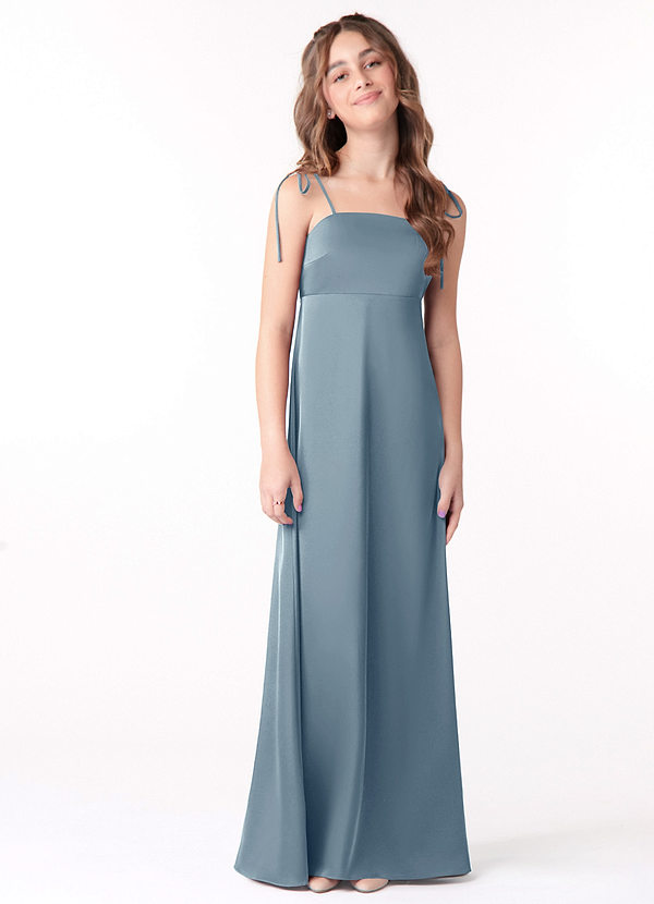 Azazie Violeta Vestido de Azul Polvoriento de Stretch Satin de Acampanado con Lazo image1
