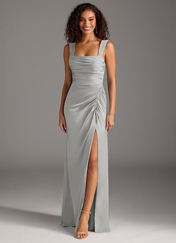 Azazie Jesaphine Bruidsmeisjes Jurken Jurk van Stretch Satijn met Kolom Boog Zilver image1