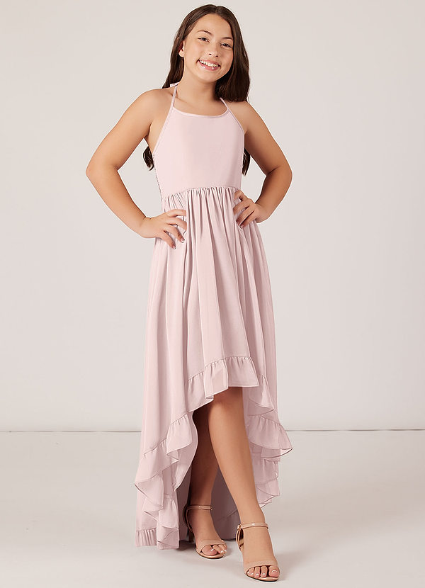 Azazie Sarafina Junior Blushing Pink A-Line Lace Chiffon Dress image1