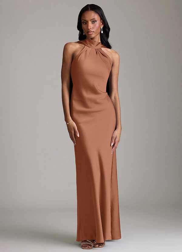 Azazie Cassiana Bruidsmeisjes Jurken Jurk van Stretch Satijn met Zeemeermin Geplooid Bronzeertint image1