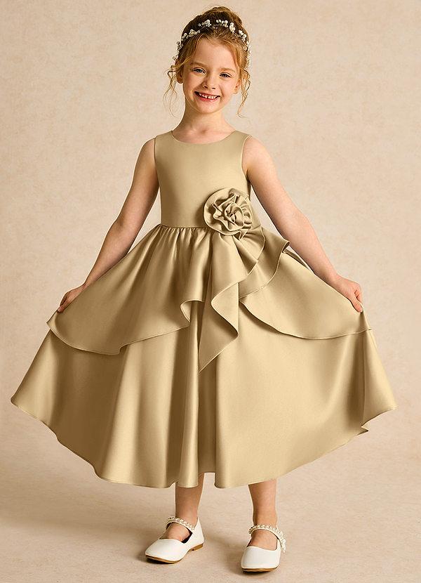 Azazie Hermia Vestidos de Niña de Flores Vestido de Oro de Satin Mate de Corte En A con Sin mangas image1