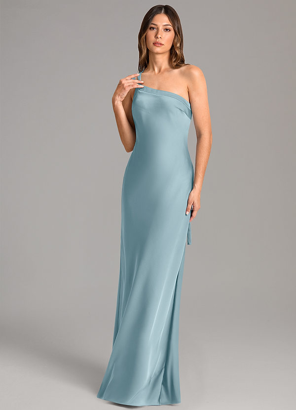Azazie Monroe Robes Demoiselle d'honneur Robe Sirène en Satin extensible Une épaule Bleu Maussade image1