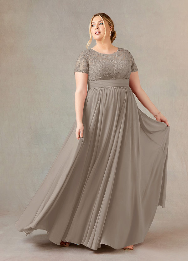 Azazie Annette Robe Mère de la Mariée & du Marié Robe Trapèze en Mousseline de soie Dentelle Taupe image1