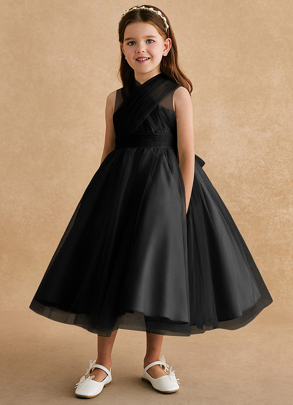 Azazie Tink Flower Girl Dresses Black A-Line Pleated Tulle Dress image1