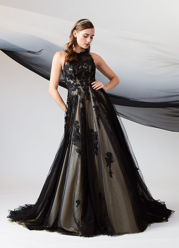 Azazie Melrose Wedding Dresses Black Champagne A-Line Sweetheart Lace Tulle Dress image1