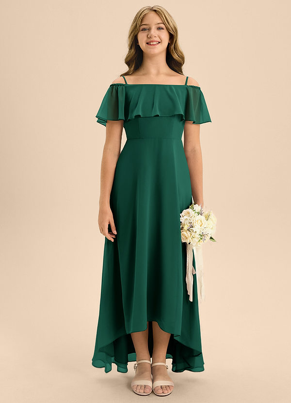 Azazie Maggie Junior Emerald A-Line Off the Shoulder Chiffon Dress image1