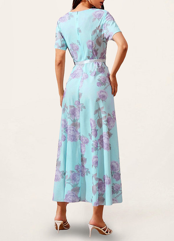 back Brinson Light Blue Floral Print Short Sleeve Maxi Dress