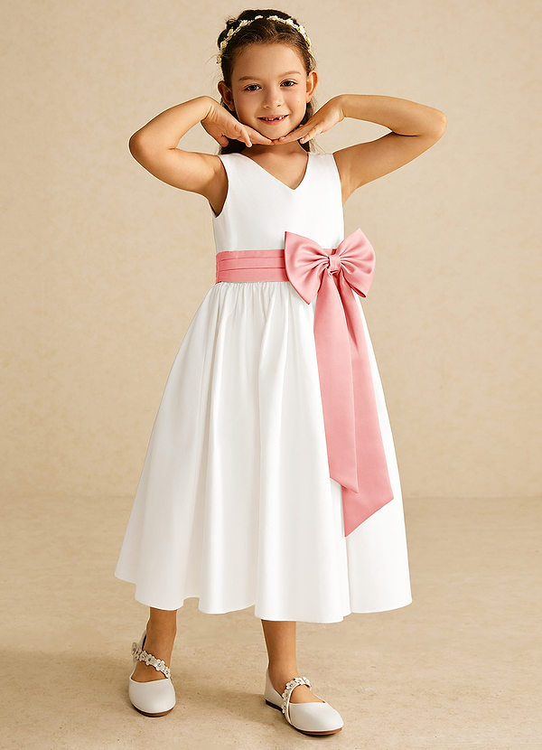 Azazie Darling Flower Girl Dresses Ivory Coral A-Line Bow Cotton Dress image1