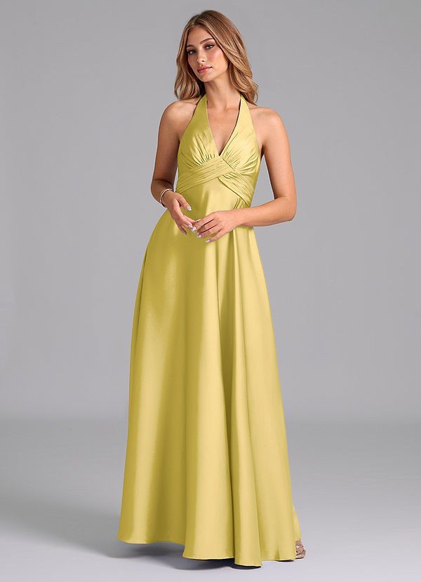 Azazie Tessie Bridesmaid Dresses Canary A-Line Pleated Stretch Satin Dress image1