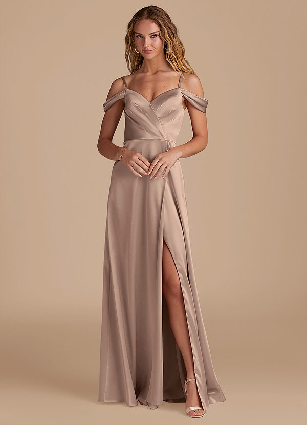 Azazie Ocean Bridesmaid Dresses Taupe A-Line Off the Shoulder Metallic Satin Dress image1