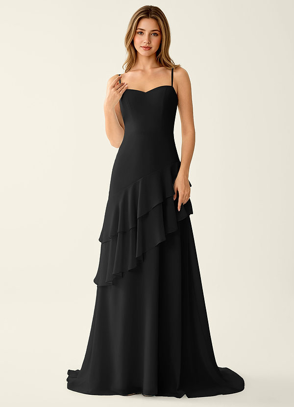 Fiorella Black Chiffon Ruffled A-line Prom Dress image1