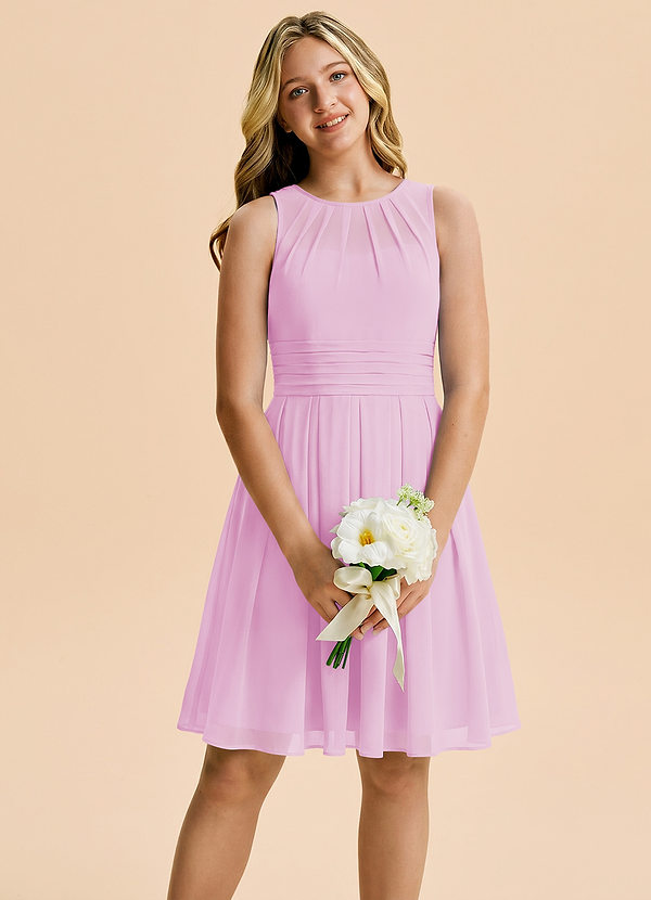 Azazie Bibiane Junior Vestido Rosa Caramelo de Gasa de Corte en A con Plisado image1
