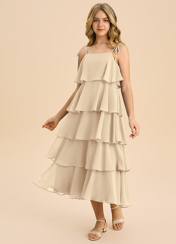 Azazie Shortcake Junior Champagne A-Line Bow Chiffon Dress image1