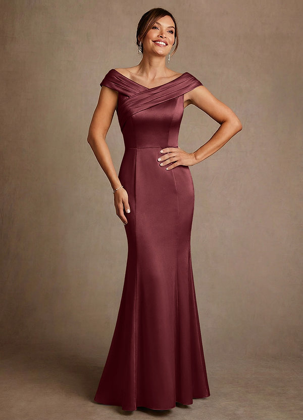 Azazie Aberdeen Mother of the Brides Dresses Merlot Sheath Pleated Stretch Satin Dress image1