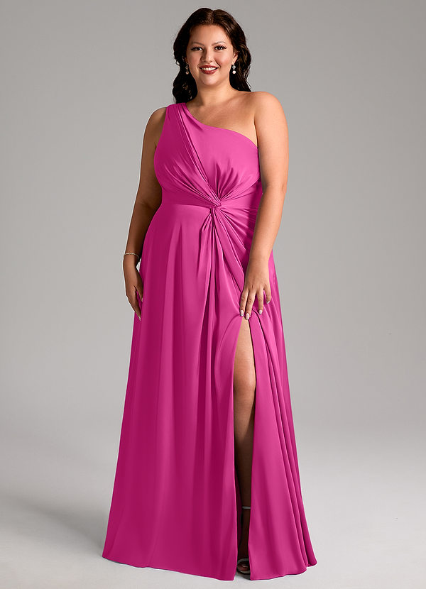 Azazie Brooke Robes Demoiselle d'honneur Robe Trapèze en Satin extensible Ue épaule Fuchsia image1