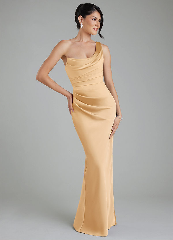 Azazie Sabrina Bridesmaid Dresses Gold Mermaid Corset Stretch Satin Dress image1
