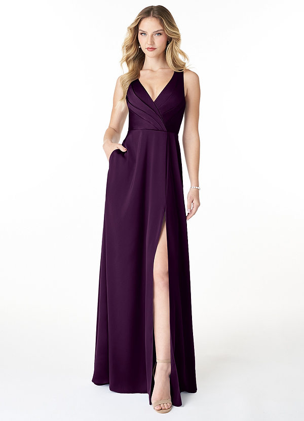 Azazie Nelly Bridesmaid Dresses Grape A-Line V-Neck Pleated Stretch Satin Dress image1